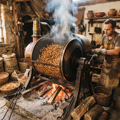 Artisan drum roasting cashew nuts over open wood fire at Mangal Cashew factory